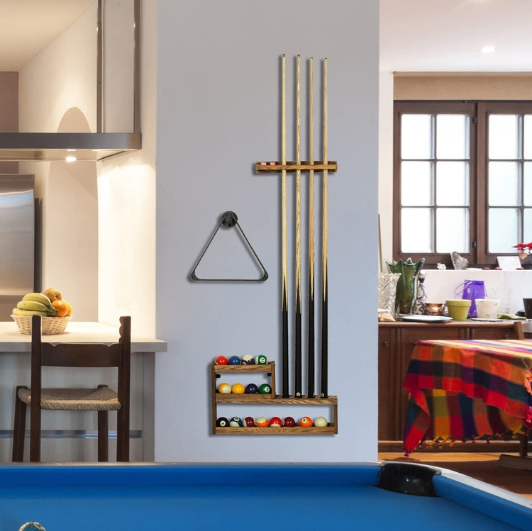 Pool Cue Rack Set, Burnt Wood Billiards Cue Stand Wall Mount Holder, Ball Storage with Pipe Triangle Rack Hanging Hook