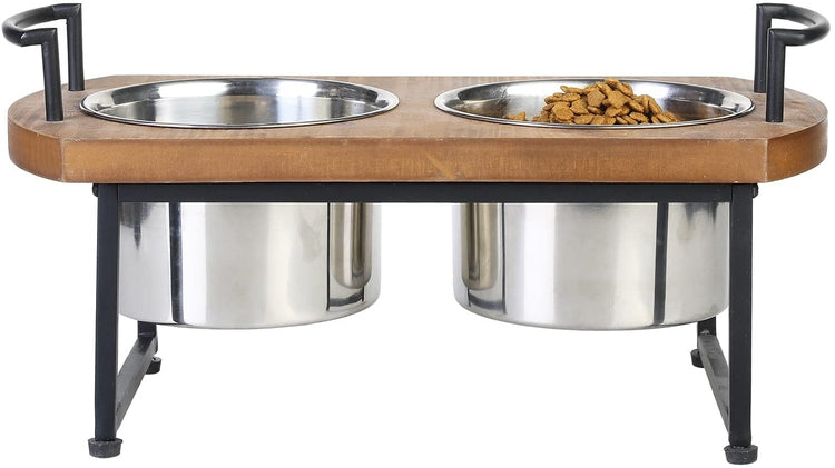 Rustic Burnt Wood and Industrial Black Metal Pet Feeder Tray with 2 Stainless Steel Bowls-MyGift