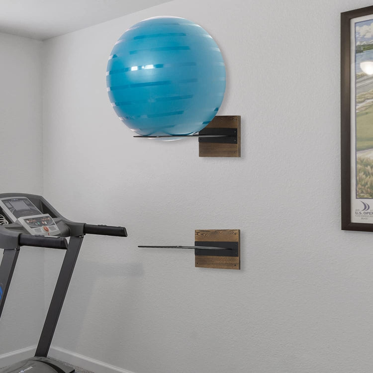 Set of 2, Wall Mounted Exercise Ball Holder, Gym Yoga Studio Storage Display Rack with Burnt Wood and Black Metal Wire-MyGift