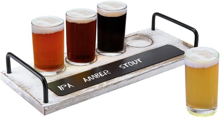 4 Glass Beer Flight Serving Tray with Whitewashed Wood Board and Black Metal Handles, Chalkboard Label, Sampling Glasses-MyGift