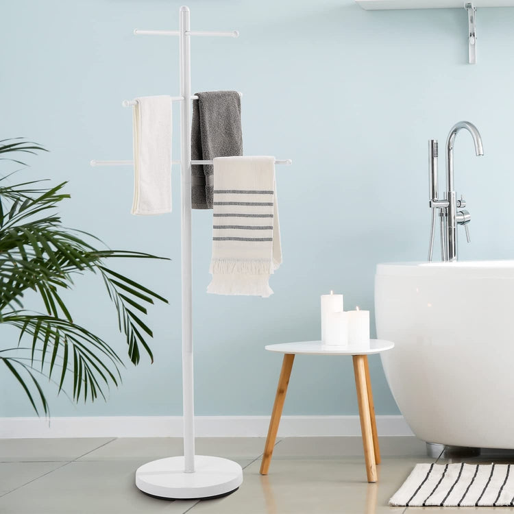 White Metal Freestanding 6 Rung Indoor Towel Hanging Stand, Spa or Poolside Towel Holder and Laundry Drying Rack Tree-MyGift