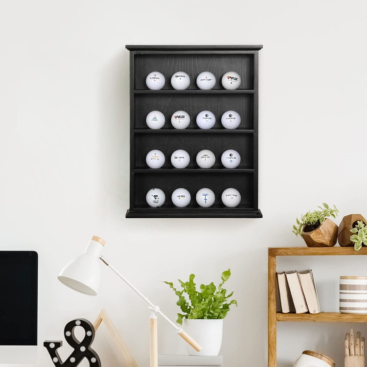 Tiered Golf Ball Holder, Wall Mounted Black Wood Golf Display Case Cabinet Shelf, Holds 16 Balls