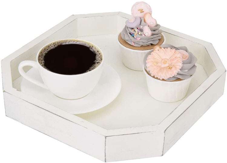 10 x 10 in Vintage White Wood Octagonal Coffee or Tea Serving Display Tray-MyGift