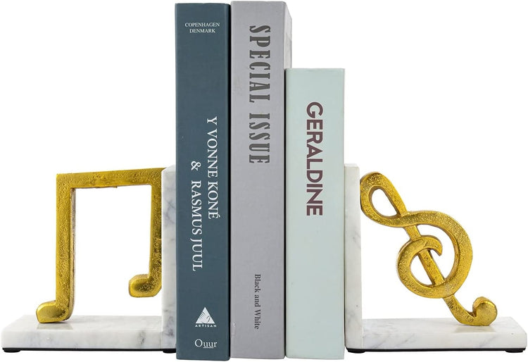 Tabletop Bookends, White Marble L-Shaped Desktop Book Holders with Brass Tone Aluminum Sculpted Musical Notes-MyGift
