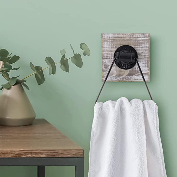 Shabby Whitewashed Wood and Matte Black Metal Triangular Hand Towel Ring for Bathroom