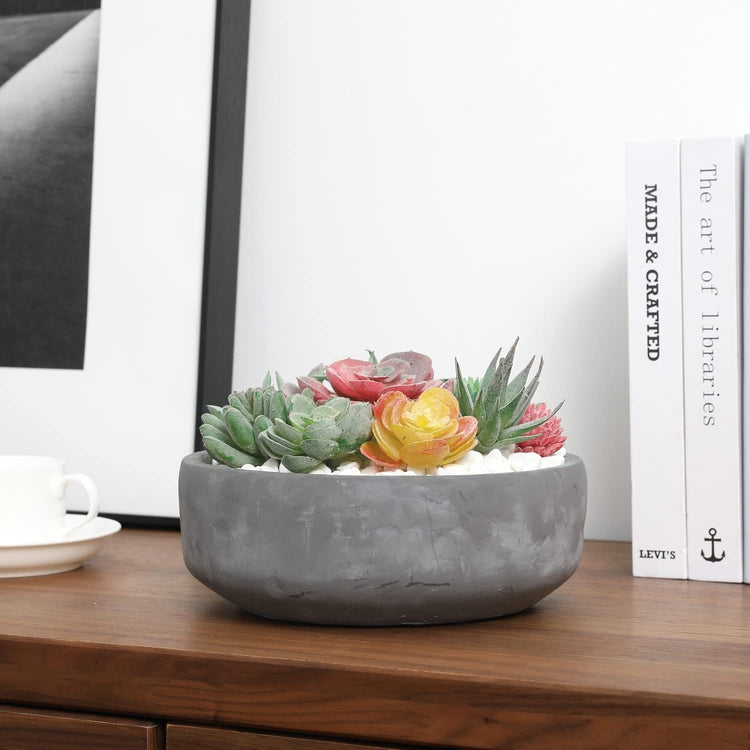8 Inch Minimalist Dark Gray Concrete Round Succulent Planter Bowl