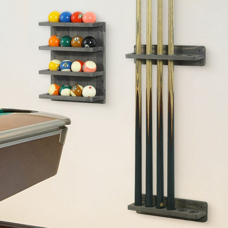 MyGift Wall Mounted Weathered Gray Wood Pool Cue Rack, Billiards Accessories Holder and Ball Storage Shelf Set