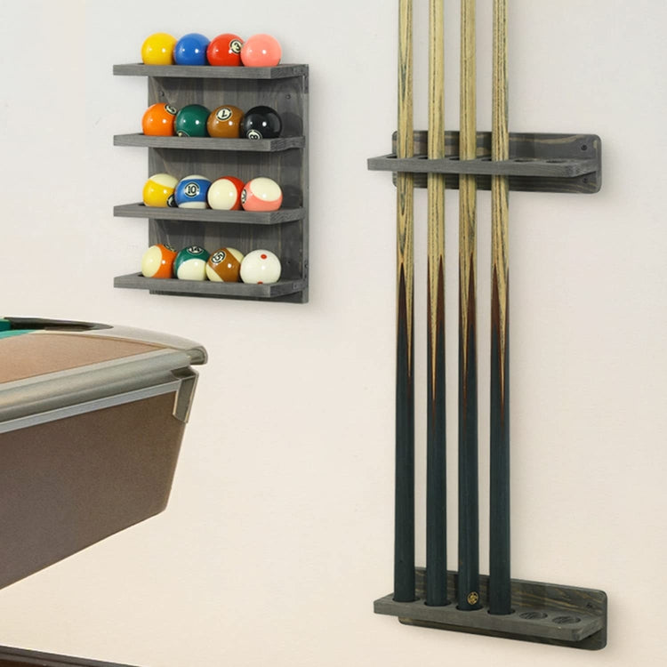 Wall Mounted Weathered Gray Wood Pool Cue Rack, Billiards Accessories Holder and Ball Storage Shelf Set