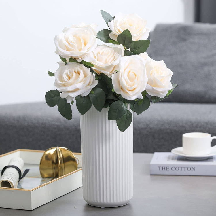 Artificial White Roses with Stem Fake Flowers Bouquet and White Ceramic Vase with Vertical Ribbed Embossed Pattern-MyGift
