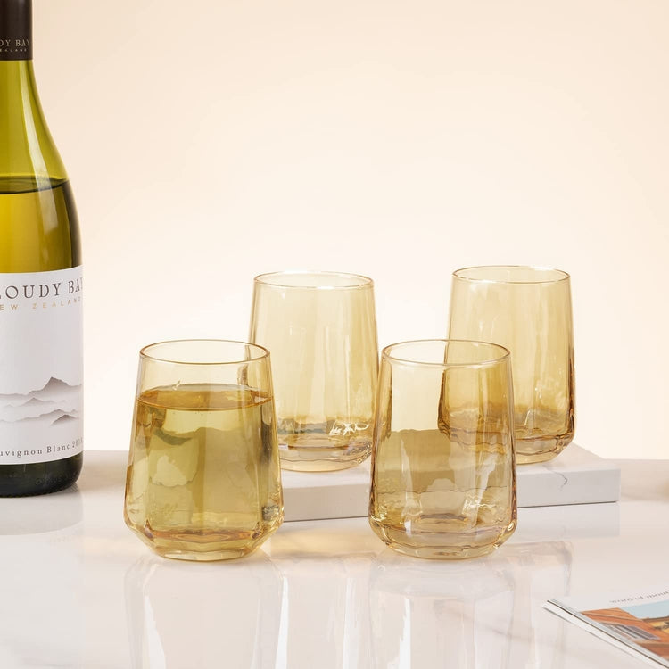 Geometric Clear Amber Smoke Tone Stemless Wine Glasses, Set of 4