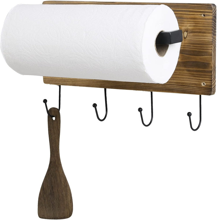 Burnt Wood and Black Metal Paper Towel Holder Wall Mount Towel Rack with Kitchen Utensil Hanger Hooks-MyGift