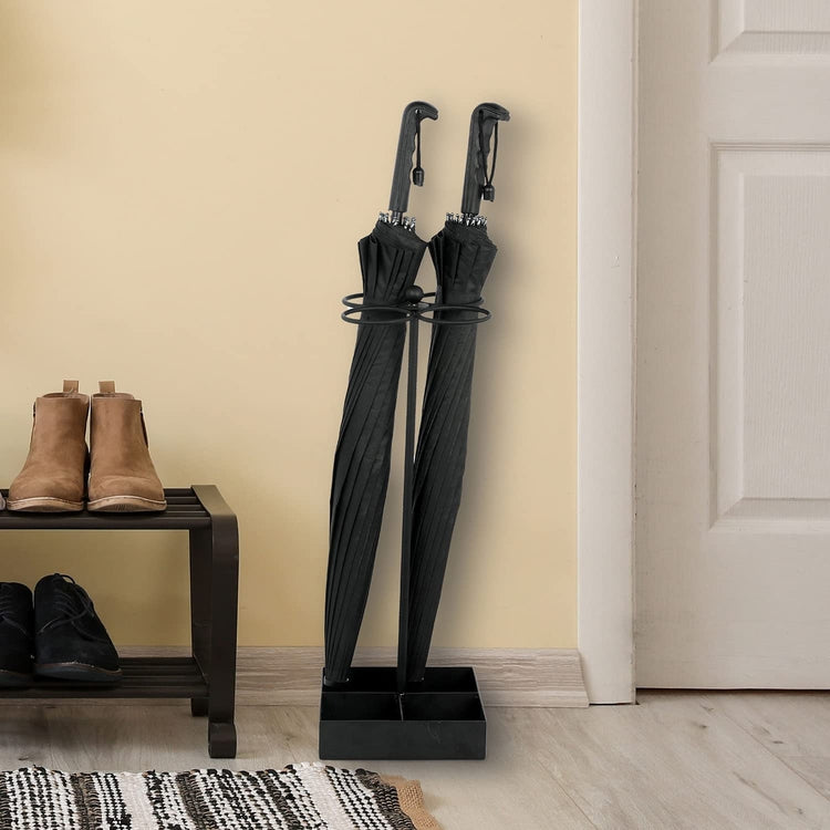 Matte Black Metal Freestanding Cane and Umbrella Holder Stand with Floral Design and Bottom Drip Tray