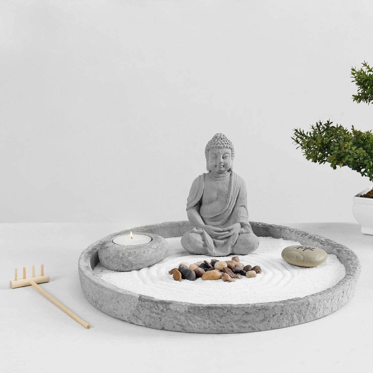 Gray Cement Buddha Statue Zen Tabletop Garden Kit with Sand, Rock, Rake & Candle Holder-MyGift