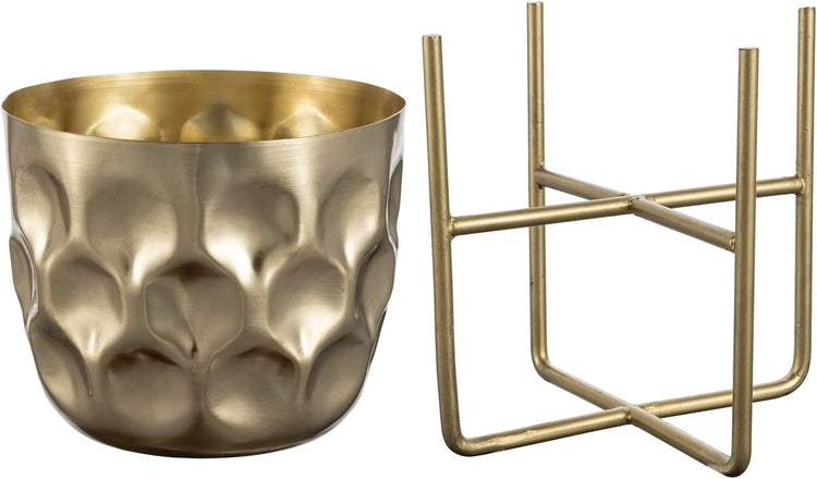 7 Inch Hammered Brass Tone Metal Flower Planter Pot with Decorative Riser, Plant Pot with Display Stand-MyGift