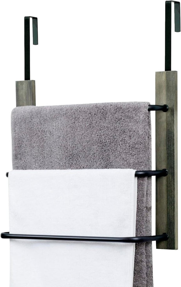 Over the Door Towel Rack in Gray Wood and Tiered Matte Black Metal Bars, Space Saving Storage Drying Towel Hanger-MyGift