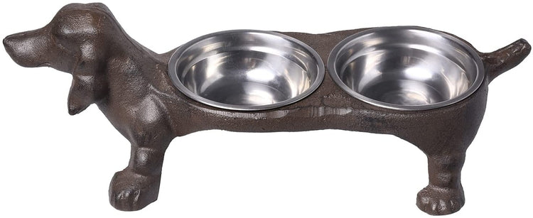 Rustic Cast Iron Dachshund Hot Dog Design Small Pet Feeder with 2 Stainless Steel Bowls-MyGift