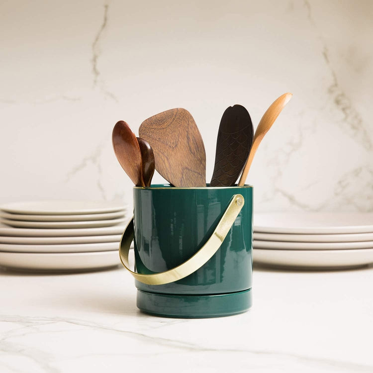 Modern Emerald Green Ceramic Utensil Flatware Server Caddy with Bamboo Divider and Brass Tone Handle-MyGift