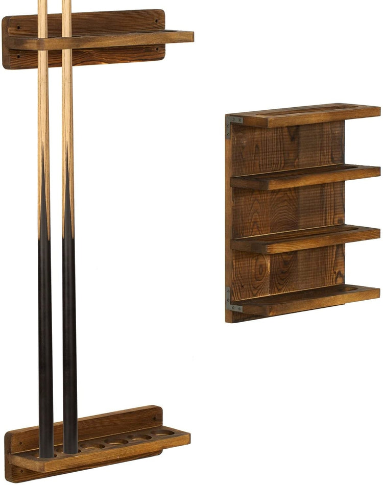 Wall Mounted Dark Brown Wood Pool Cue Stick Holder Rack for 6 Cues with Billiard Ball Storage Shelf, 3-Piece Set-MyGift