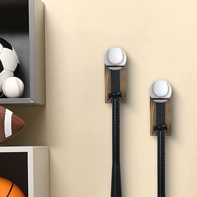 Wall Mounted Burnt Wood & Black Metal Baseball Display Rack with Bat Holder, Set of 2