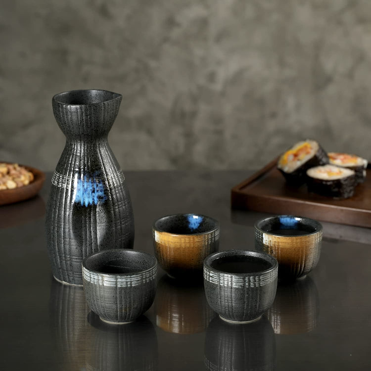 Ceramic Traditional Sake Serving Set with Black Embossed Finish and Brushed Accents, Large Carafe Sake Bottle and 4 Cups-MyGift