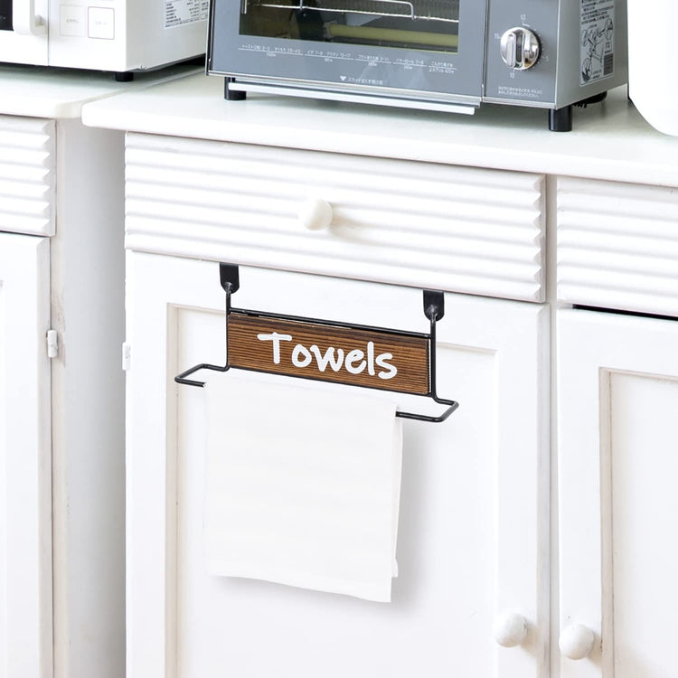 Burnt Wood and Industrial Black Metal Over Cabinet Door Hand Towel Bar Rack with Cursive Label-MyGift