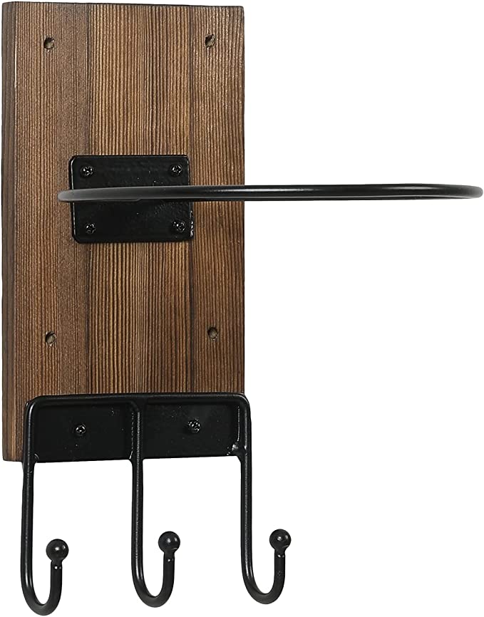 Wall Mounted Matte Black Metal Sports Ball Holder with Rustic Burnt Wood Backing and 3 Utility Storage Hooks-MyGift