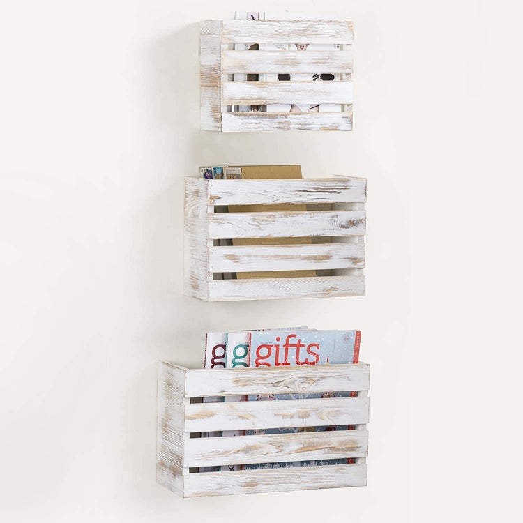 Set of 3, Whitewashed Wood Wall Mounted Mail Holder, Magazine Storage Racks-MyGift