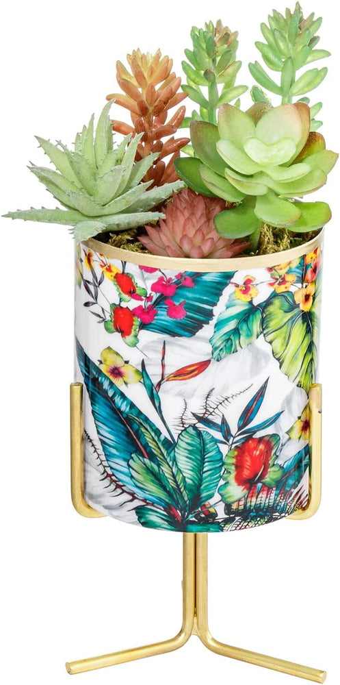 Luxurious Colorful Floral Pattern Fine Ceramic Mini Succulent Planter Pot with Brass Tone Metal Display Riser Stand
