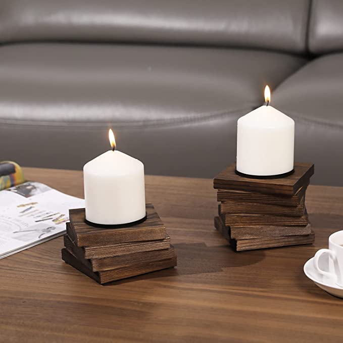 Burnt Wood Square Pillar Candle Holders with Black Metal Base, Set of 2-MyGift