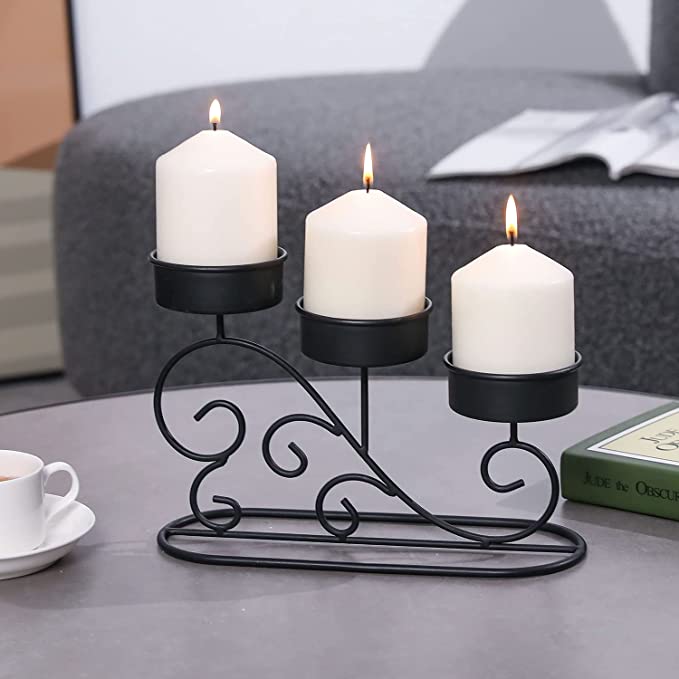 Tabletop Tiered Candelabra, Matte Black Metal Pillar Candle Holder with Vintage Scrollwork Design