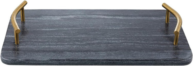 14 Inch Dark Gray Marble Rectangular Serving Tray with Curved Brass Tone Metal Handles, Dining Table Platter-MyGift