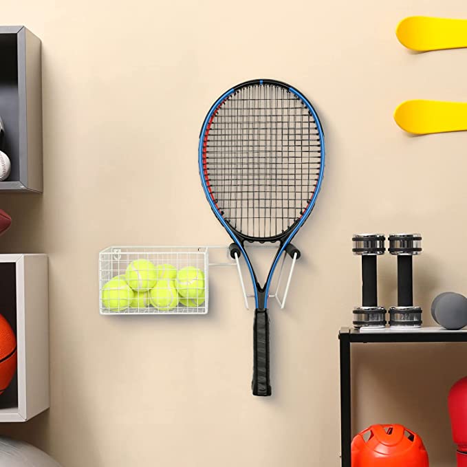 Wall Mounted Racket Holder, Tennis Balls and Racquet Display Sport Equipment Organizer