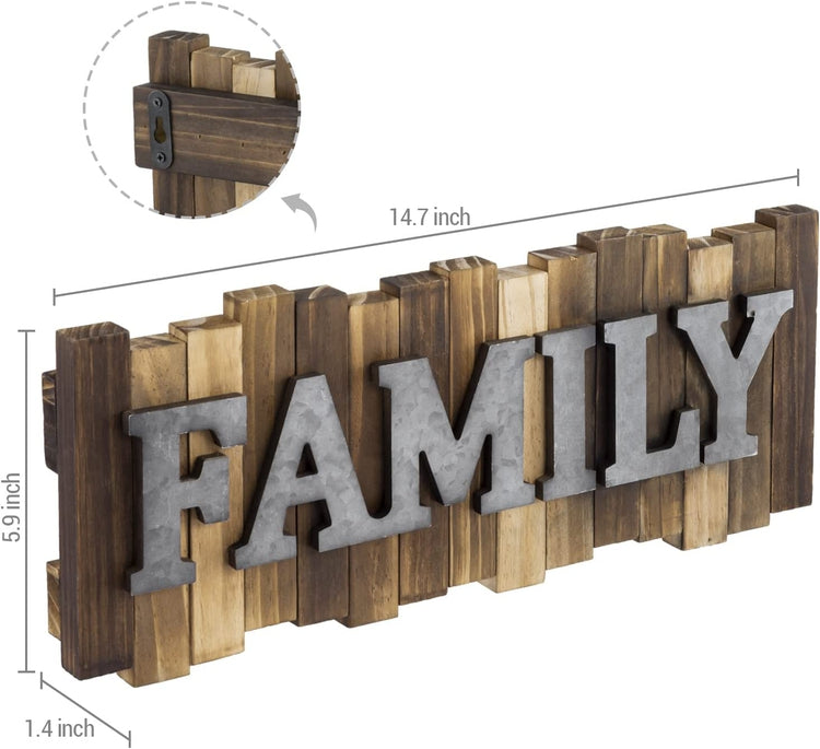FAMILY Wall Mounted Sign, Wood and Galvanized Metal Embossed Raised Letters, Striped Plaque Art-MyGift