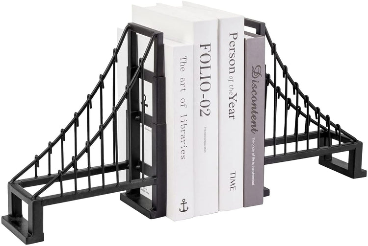 Set of 2, Decorative Bookends, Black Metal Suspension Bridge Design Bookends, Architect Book Stopper Holder Stand-MyGift