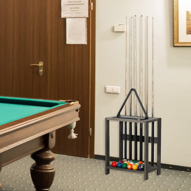 Gray Wood Billiards Pool Cue Rack Floor Stand with Ball and Chalk Storage Holder Slots-MyGift