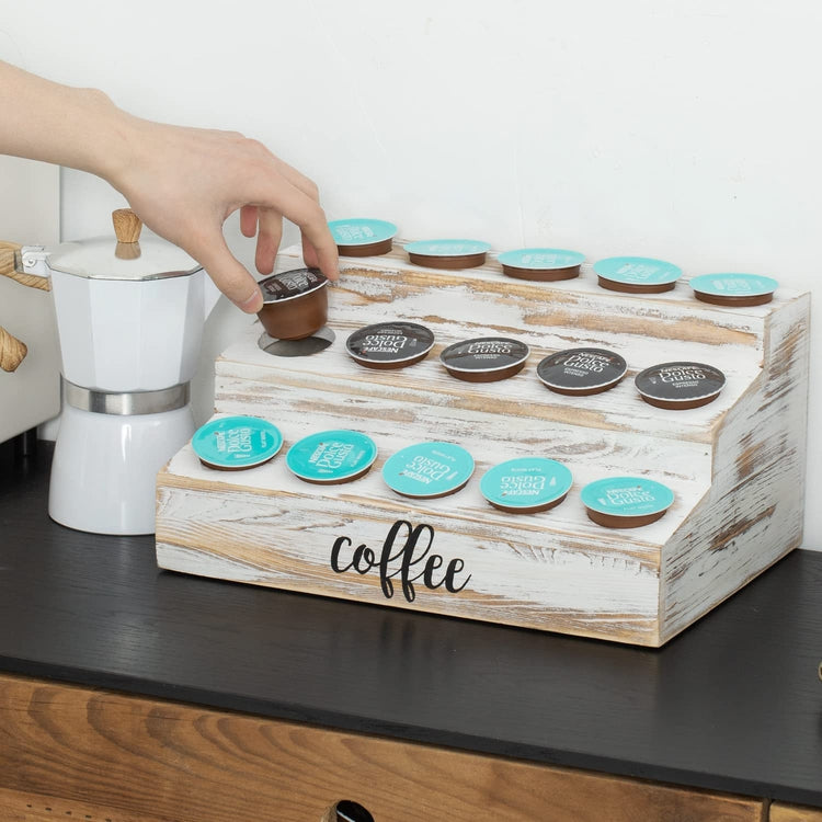 Coffee Station Organizer, Whitewashed Wood Step Style Coffee Pods Holder Storage Rack with Black Cursive COFFEE Label-MyGift