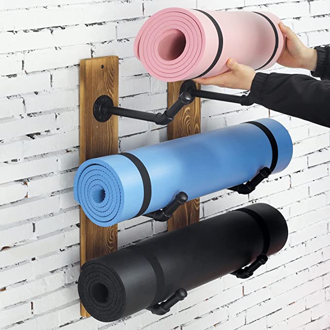 Industrial Black Metal Pipe Yoga Mat and Foam Roller Holder with Rustic Burnt Wood Wall Mount Backing
