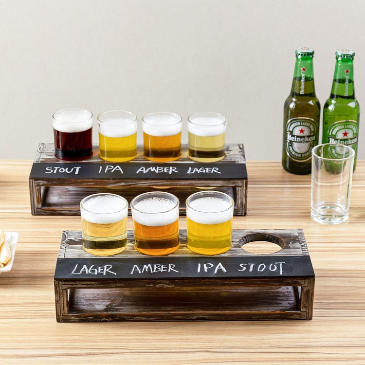 Beer Sampler Tray Torched Wood Serving Set with 4 Glasses and