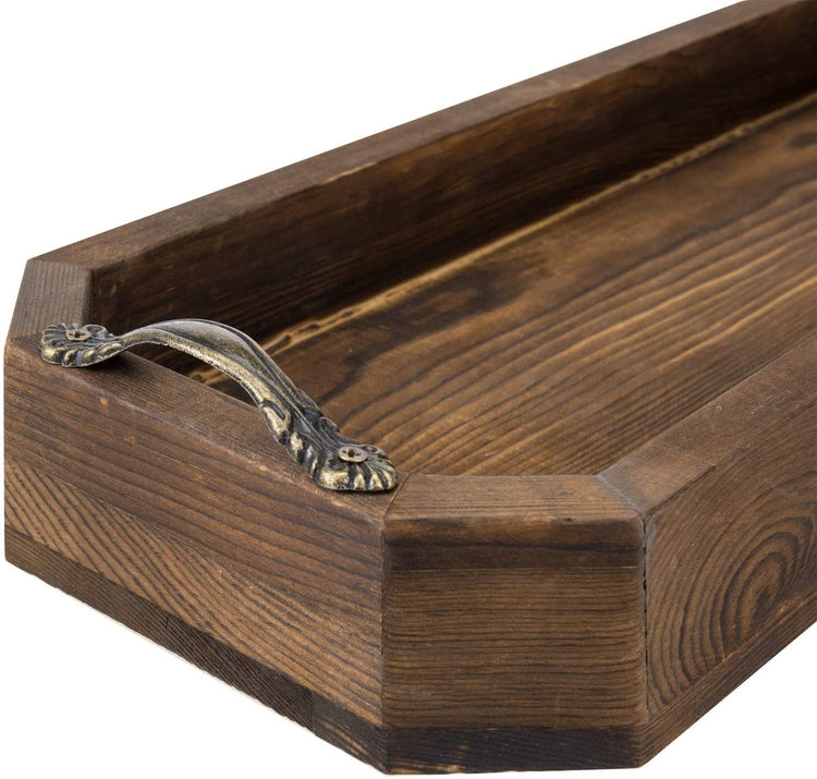 Dark Brown Wood Vanity Organizer, Octagonal Serving Tray with Antique Metal Handles-MyGift