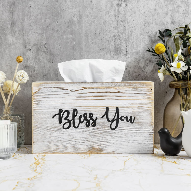 Bless You Shabby Chic Whitewashed Wood Rectangular Tissue Box Holder Cover