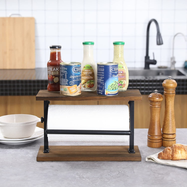 Kitchen Paper Towel Holder Countertop Rack, Rustic Burnt Wood and Metal Towel Dispenser with Top Shelf