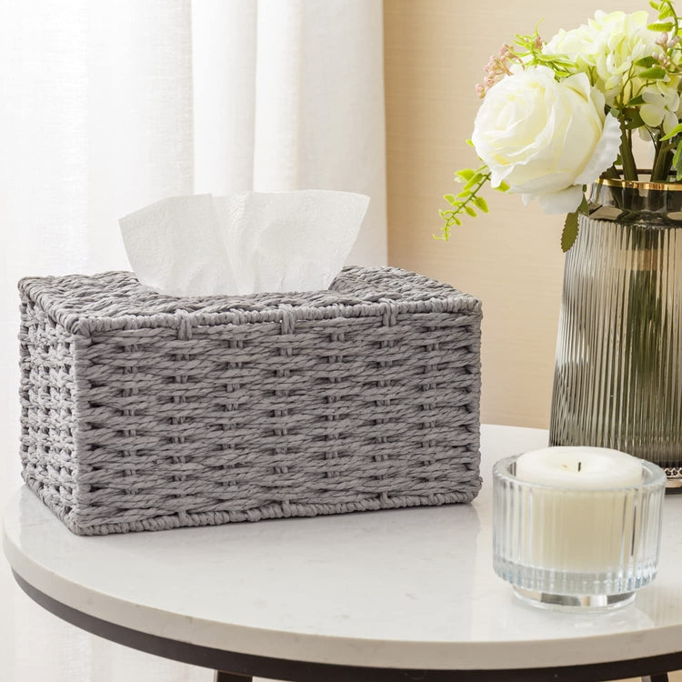 Decorative Gray Paper Rope Woven Rectangular Tissue Box Holder Cover