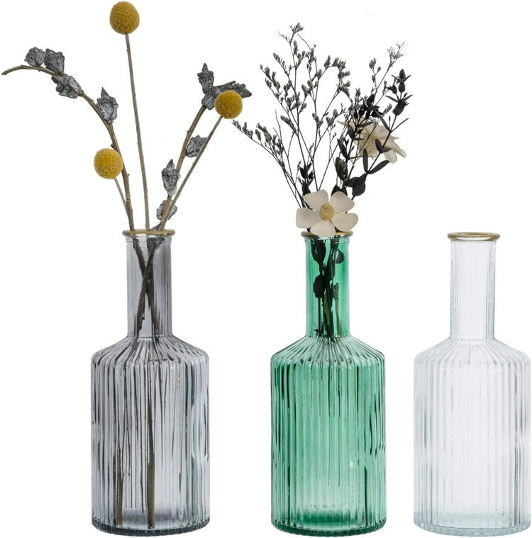 Reeded Glass Diffuser Bottles or Flower Bud Vases, Mixed Color Bottles with Brass Tone Edge and Embossed Ribbed Design-MyGift