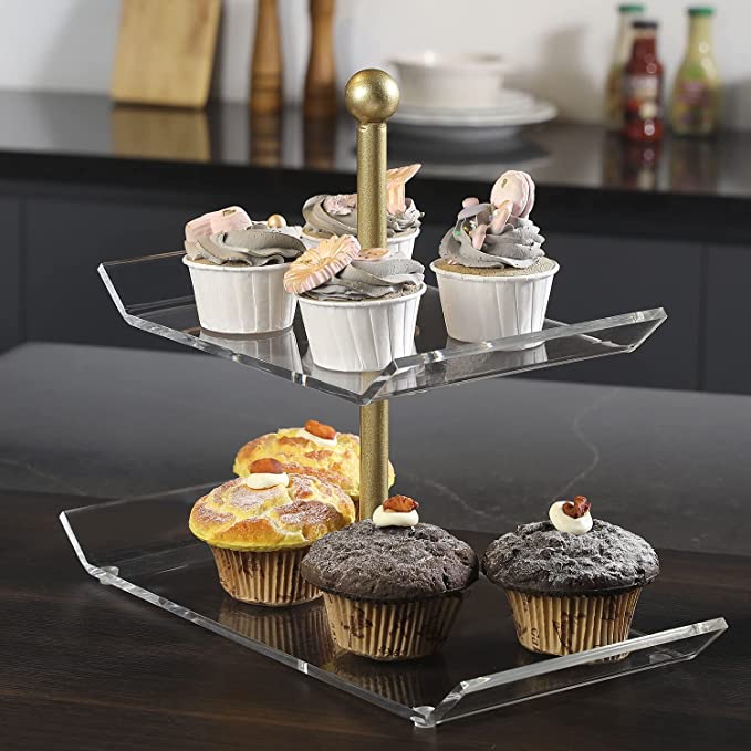 2-Tier Pastry Riser Stand, Cupcake Holder, Clear Acrylic Serving Tray Tower with Brass Tone Metal Pillar-MyGift