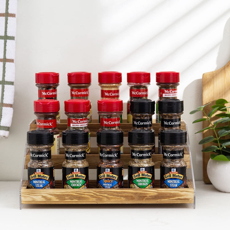 3 Tier Burnt Wood Spice Jar Rack Organizer with Clear Acrylic Stand