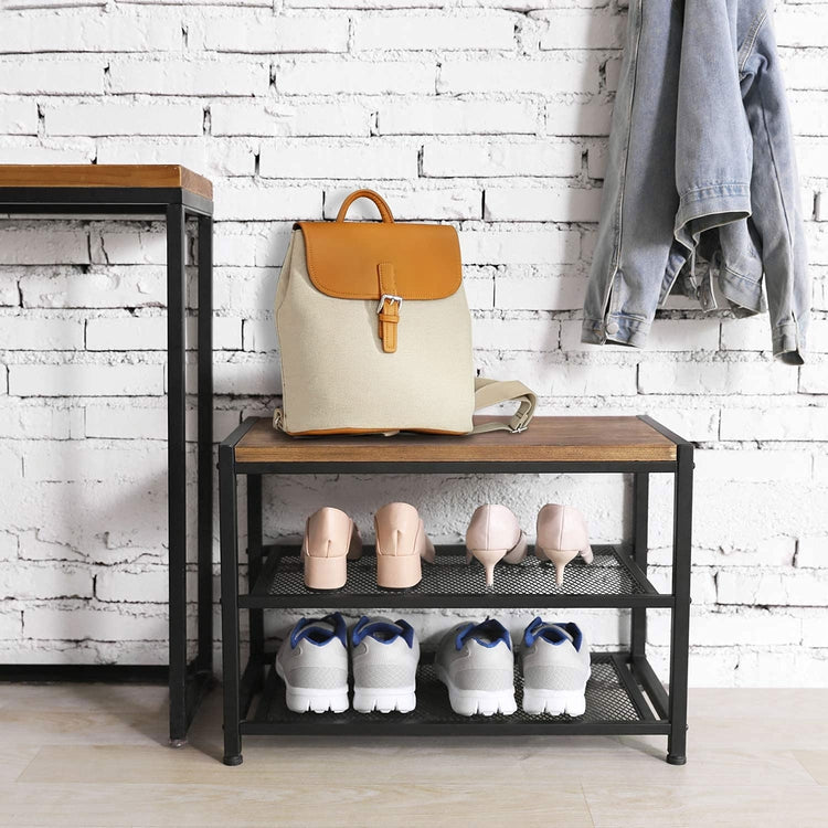 Tiered Shoe Storage Rack Entryway Bench, Mudroom Footwear Organizer with Burnt Wood and Industrial Black Metal