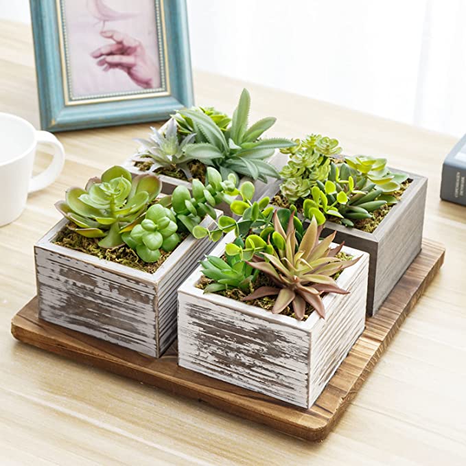 faux succulent box Rustic Wood Plant Boxes and Base Tray, Decorative Artificial Succulent, 5 Piece Set