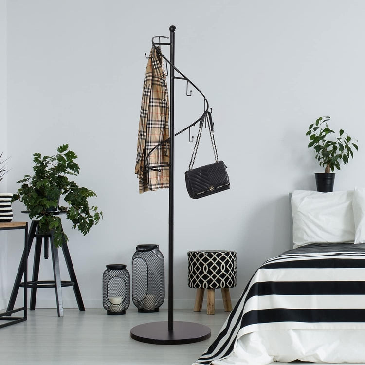 Matte Black Metal Spiral Garment Rack with 10 Hooks, Freestanding Clothing Hanger Display for Coats, Bags, and Scarves-MyGift
