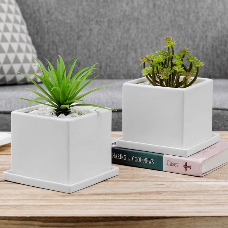 White Square Ceramic Planters with Matching Removable Saucers, Set of 2