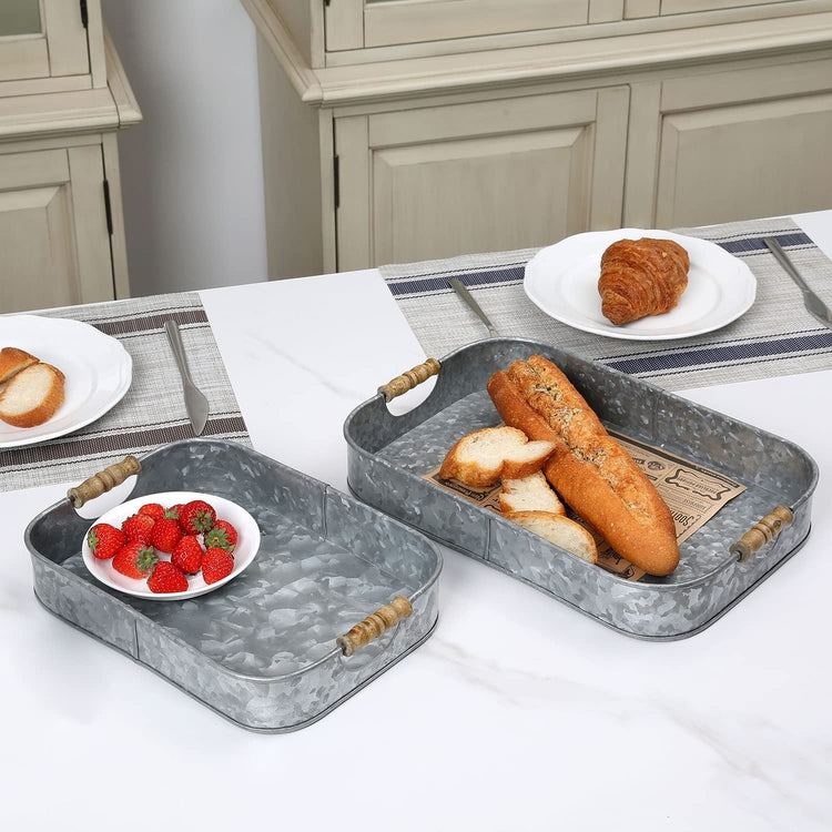 Set of 2, Galvanized Metal Serving Trays with Wood Handles, Rectangular Nesting Display Trays, Storage Ottoman Tray-MyGift